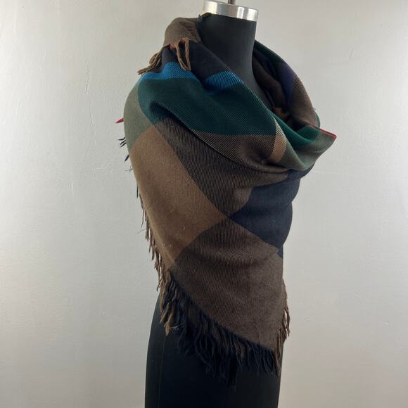 AVOCA Handweavers Black Brown Scarf Virgin Wool Plaid Fringe Edge Square Cut - Picture 2 of 7